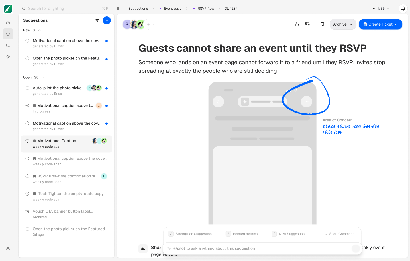 Pilot suggestion detail showing an event-sharing problem, annotated interface and ticket creation controls